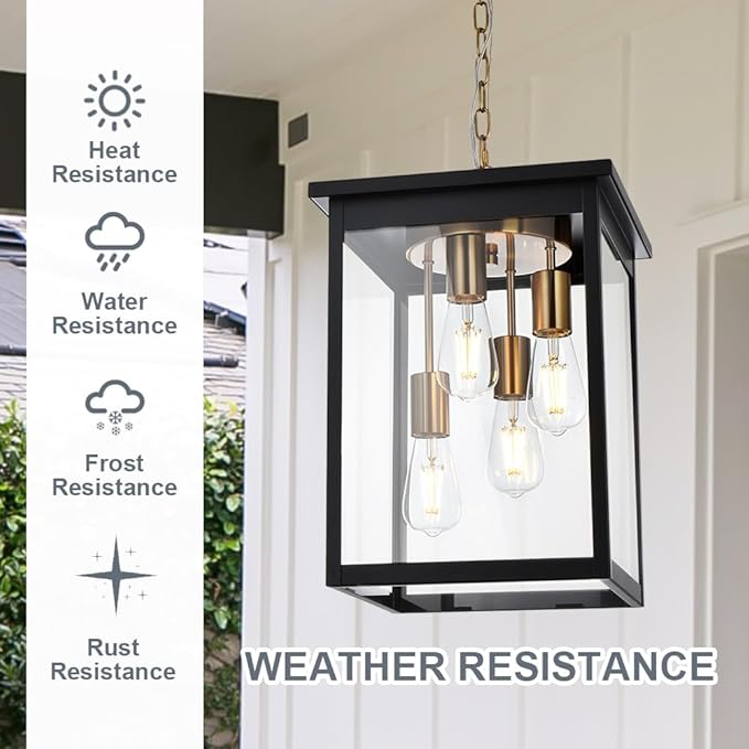 TODOLUZ Outdoor Pendant Light Fixtures, 4-Lights Large Outdoor Ceiling Hanging Lanterns in Black & Brushed Brass, Farmhouse Exterior Chandelier for Front Door Entry Patio