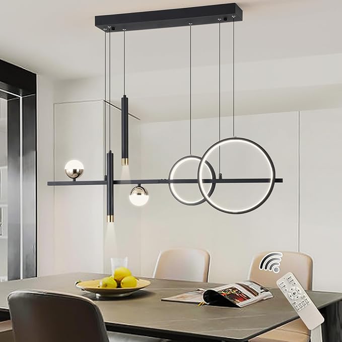 ORANOOR Modern LED Pendant Lights, Dimmable 39in Linear Wave LED Chandelier Lighting, Black & Gold Dining Room Hanging Light Fixtures Kitchen Island Globe Pendant Light for Dining Table (2704lm)
