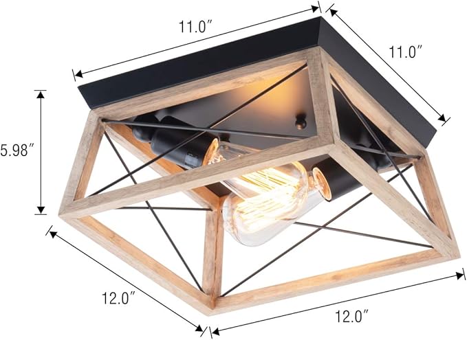 VILUXY Farmhouse Wood Flush Mount Ceiling Light Fixture - 2-Light Square Lamp for Hallway, Entryway, Dining Room, Kitchen - Light Wood Color