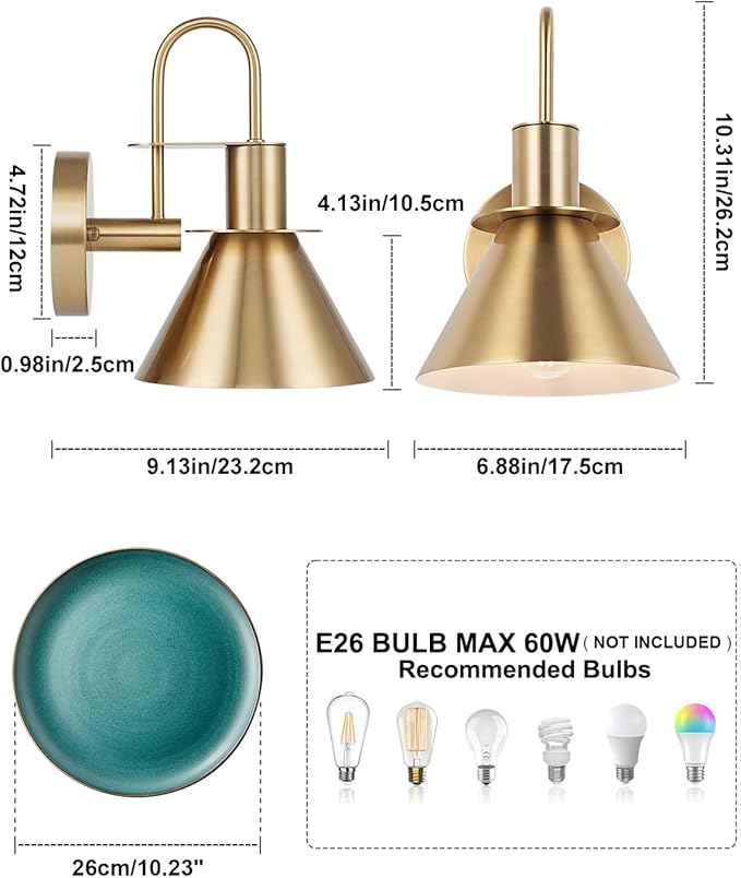 WILON Gold Wall Sconces Set of Two Indoor Wall Lights with E26 Base Industrial Gooseneck Barn Wall Lamp Modern Brass Wall Sconce Light for Bedroom Living Room Kitchen Sink Bedside Bathroom