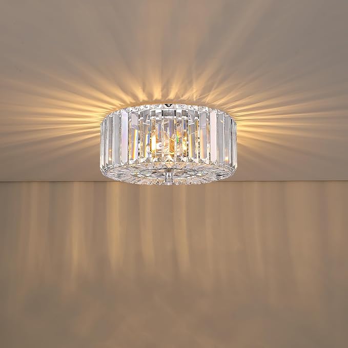 11.8" Crystal Round Flush Mount Modern Close to Ceiling Light Fixture, Chrome Ceiling Lights 2-Light Hallway Light Fixtures, Crystal Ceiling Lamp for Kitchen Bathroom Entryway, XDD007-2-CH