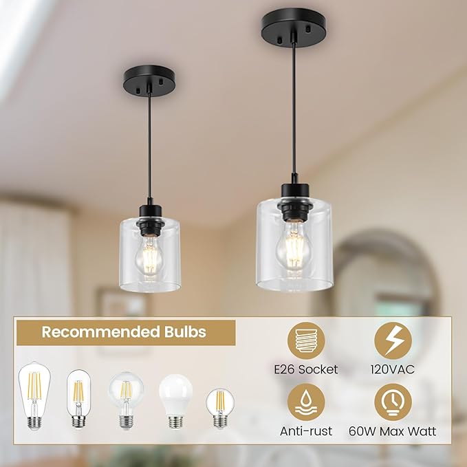 1 Light Hanging Pendant Light Fixtures, Adjustable Black Pendant Lights Kitchen Island, Modern Farmhouse Light Fixtures for Dining Room, Clear Glass Shade, E26 Base, 2 Packs