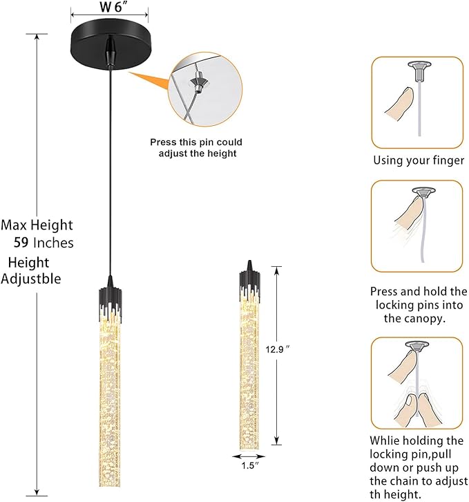 ykolupty Modern Pendant Lights Kitchen Island Black Crystal Mini Pendant Light with Dimmable LED 2700K-6000K,Bubble Crystal Chandelier Dining Room and Bar - 1 Pack