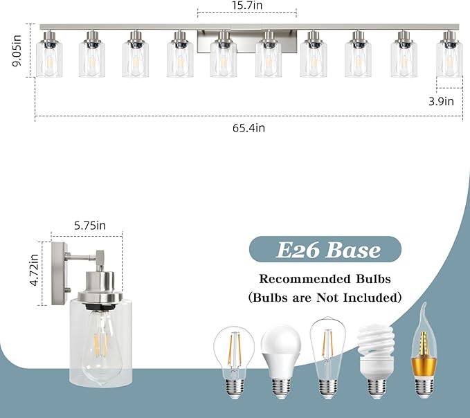 Brushed Nickel Bathroom Vanity Light,10-Light Vanity Lights with Clear Glass,64.5in Modern Bathroom Wall Lights Fixtures Over Mirror,Wall Sconces Lighting for Bedroom Living Room,E26