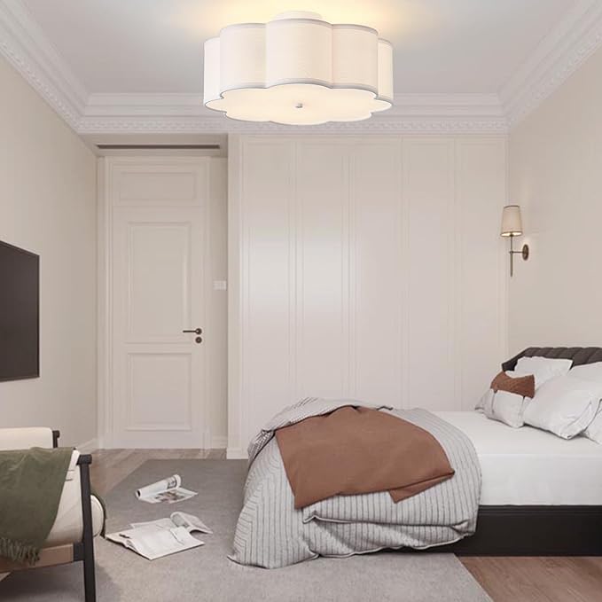 17.7" Semi Flush Mount Ceiling Light Fixture, 3-Light Modern Close to Ceiling Light with Fabric Flower-Shaped Shade, Light Fixtures Ceiling Mount for Bedroom Nursery(White)