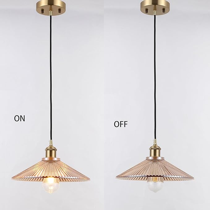 Modern Large Pendant Light 11.81 Inches Amber Striped Glass Shades Brushed Brass Gold Hanging Lamp Farmhouse Adjustable Ceiling Hanging Lights Kitchen Island Dining Room Bedroom