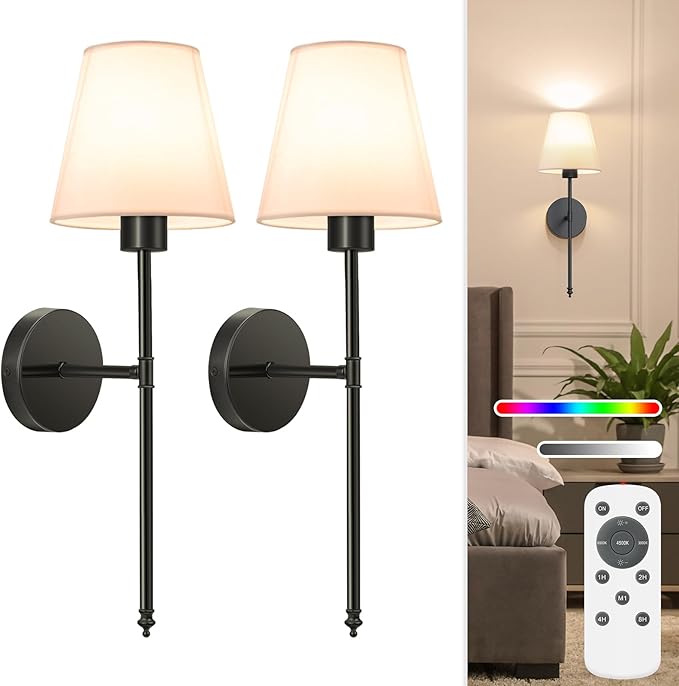 NIORSUN Battery Operated Wall Sconce Set of Two, Black Rechargeable Wall Sconces with Dimmable Detachable Bulbs and Remote, Wireless Wall Lights for Bedroom Living Room Hallway Home Decor