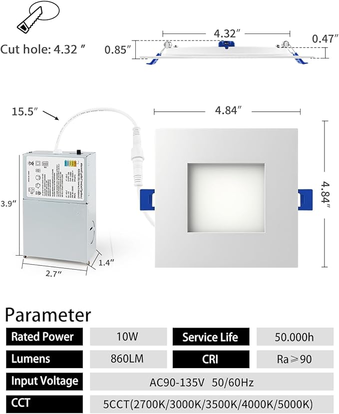 Adetu 12 Pack 4 inch Square Led Recessed Lighting, 5CCT Ultra Thin Square Led Ceiling Light with Junction Box, 10W 860LM, CRI90, 2700K-5000K Selectable, Dimmable Canless Downlight, ETL and Energy Star