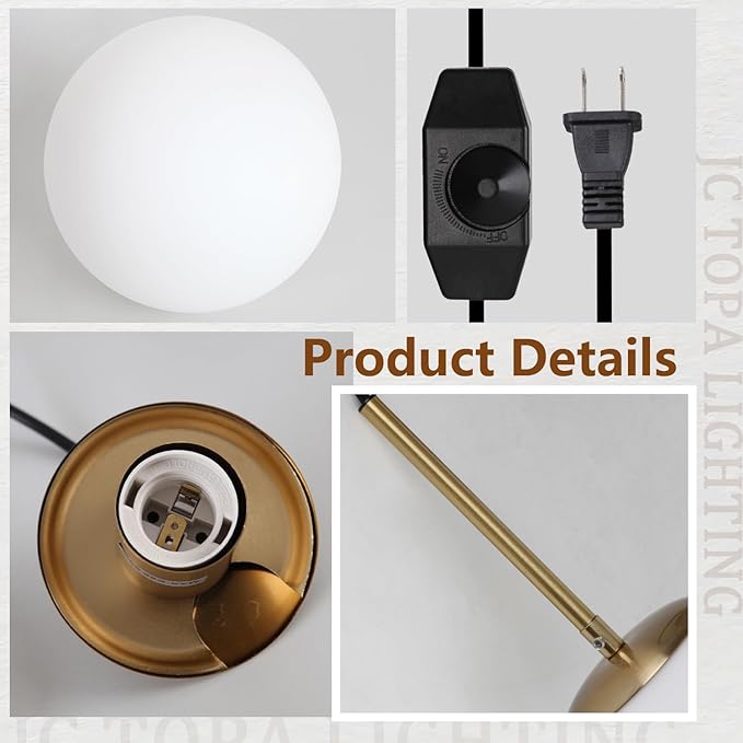 10” Plug in Globe Pendant Light Mid Century Modern Milk White Glass Globe Chandelier with 14.75ft Plug and Dimmable Switch for Bedroom Dining Room Kitchen Island, Brass