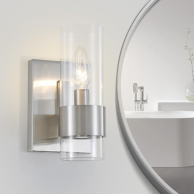 WUZUPS Set of 2 1-Light Bathroom Wall Light Fixture Over Mirror Flat Class Shade Morden Vanity Scones for Bathroom Bedroom Living Room, E12 Base, Brushed Nickel