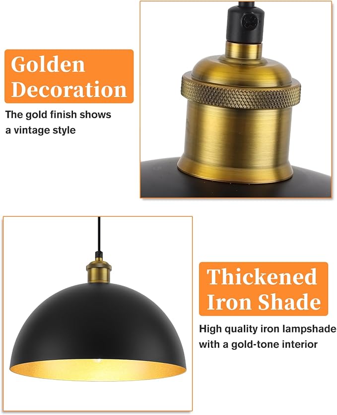 Pendant Lights for Kitchen Island, 11.8" Black and Gold Farmhouse Pendant Light, Dome Pendant Light Fixtures for Dining Room, Living Room, Bedroom, Cafe, Bar, 2 Pack
