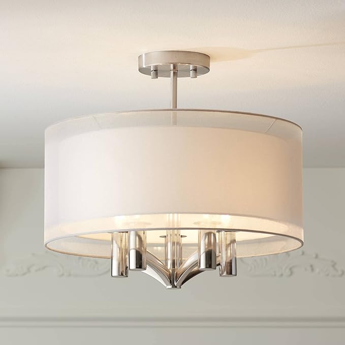 Possini Euro Design Caliari Modern Ceiling Light Semi Flush Mount Fixture Brushed Nickel 18" Wide 5-Light Sheer Silver White Linen Double Drum Shade for Bedroom Kitchen Living Room Hallway Bathroom