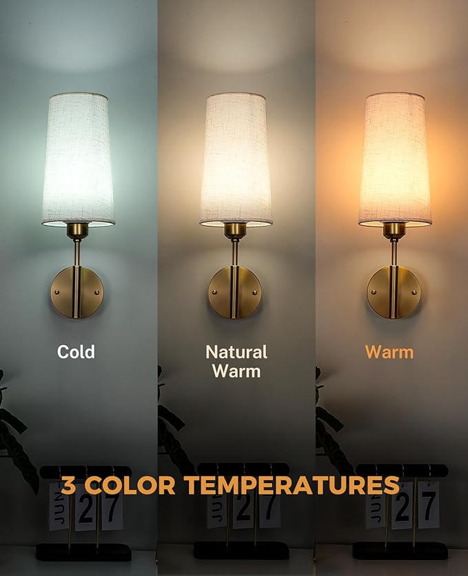 Battery Operated Wall Sconce Set of Two, Gold Rechargeable Wall Sconce, 13000mAh Wireless Wall Sconce with Remote, No Wire Dimmable Wall Lamp/Light for Bedroom, Beige Linen Fabric