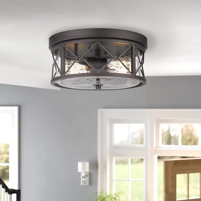 zeyu 2-Light Flush Mount Ceiling Light, 12 Inch Kitchen Light Fixtures Ceiling with Clear Glass Cover, Oil Rubbed Bronze Finish, ZY25-F ORB