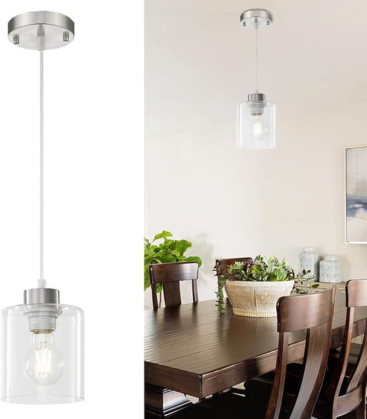 1-Light Brushed Nickel Pendant Lights Kitchen Island, Modern Farmhouse Hanging Light Fixture, 39Inches Adjustable Ceiling Light for Dining Room, E26 Base, Clear Glass Shape