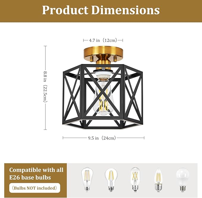 Modern Farmhouse Semi Flush Mount Ceiling Light,Industrial Black and Gold Ceiling Lighting Fixture,Hexagonal Close to Ceiling Lights for Kitchen, Hallway, Entryway, Bedroom,Foyer,9.5 Inch