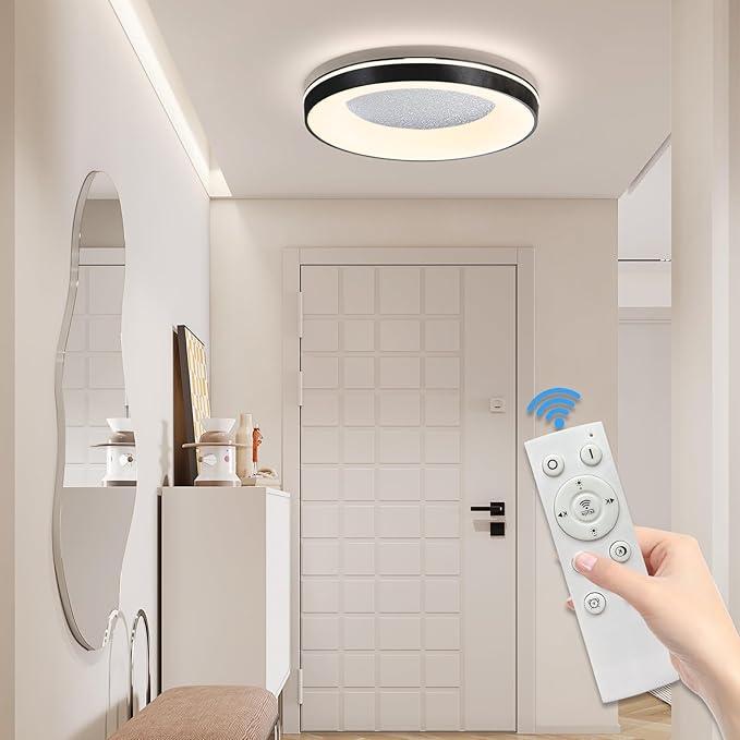 LED Flush Ceiling Light, 11in Black Round Ceiling Light Dimmable 3000K/4500K/6500K Color Recessed Lamp for Living Room, Bedroom, Office,Hallway