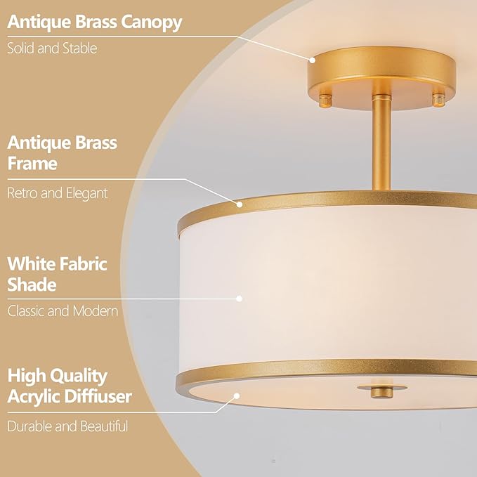 Bargeni Semi Flush Mount Ceiling Light,12.5 Inch Drum Ceiling Light,Antique Brass Finish Flush Mount Light Fixture with Fabric Shade,Modern Close to Ceiling Light Fixtures for Bedroom,Living Room