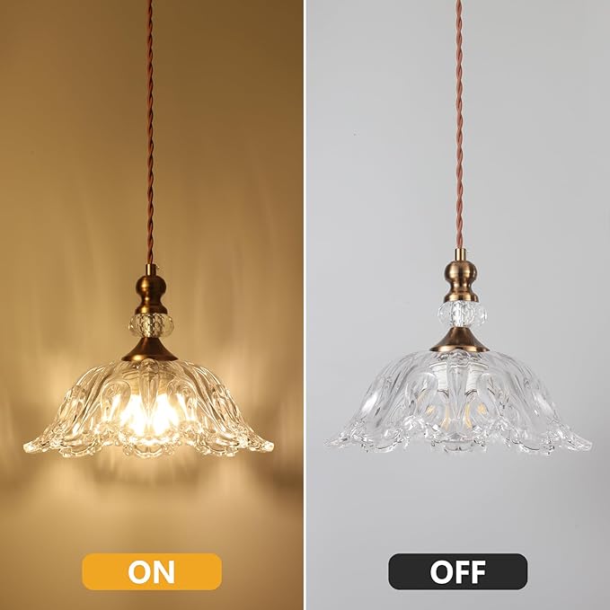 Vintage Small Glass Pendant Light Fixtures for Kitchen Island 10.6" Farmhouse Brass Gold Adjustable Hanging Ceiling Light for Bedroom Coffee Shop Dining Room Sink Table