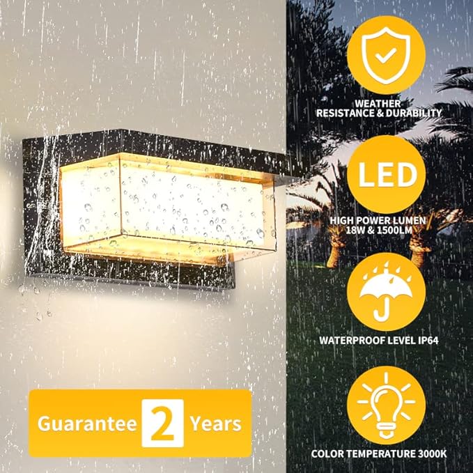 LANFU 18W Modern LED Wall Light Outdoor 2Pack,3000K Warm White Waterproof Porch Patio Lights Mount Outside Fixtures,Matte Black Aluminium