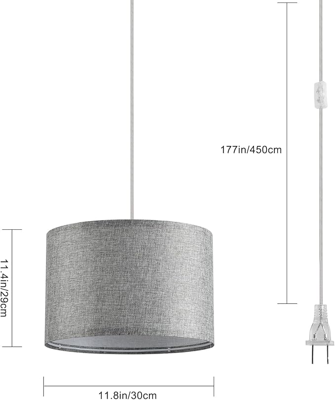 2 Pack Plug in Pendant Light, Hanging Light with 15Ft Clear Cord, On/Off Switch, Grey Fabric Lamp Shade, Hanging Light Fixture for Bedroom, Kitchen, Living Room, Dining Table