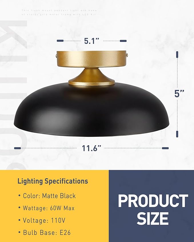 kudos 12 Inch Semi Flush Mount Ceiling Light,1-Light Kitchen Ceiling Lights, Black Ceiling Light Flush Mount for E26 Base Bedroom Hallway Kitchen, KDCL01-BKE