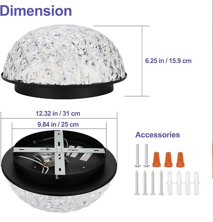 12’’ Modern Crystal Chandelier, LED Flush Mount Ceiling Light Fixture, 3/4/5000K Dimmable Ceiling Lamp for Dining Room, Entryway, Kitchen, Closet, Living Room, Bedroom, Hallway ETL Listed Black