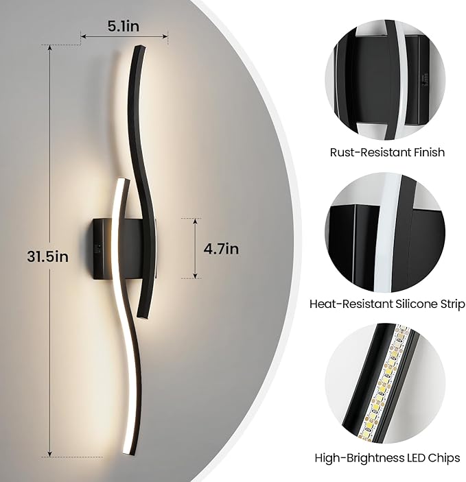WOSHITU Bathroom Vanity Lights Over Mirror: 31.5 Inch 32W Black LED Bathroom Lighting Fixtures 5CCT Dimmable 2700-5000K Vanity Lighting Modern Bath Sconces Wall Light for Mirror Bedroom Living Room