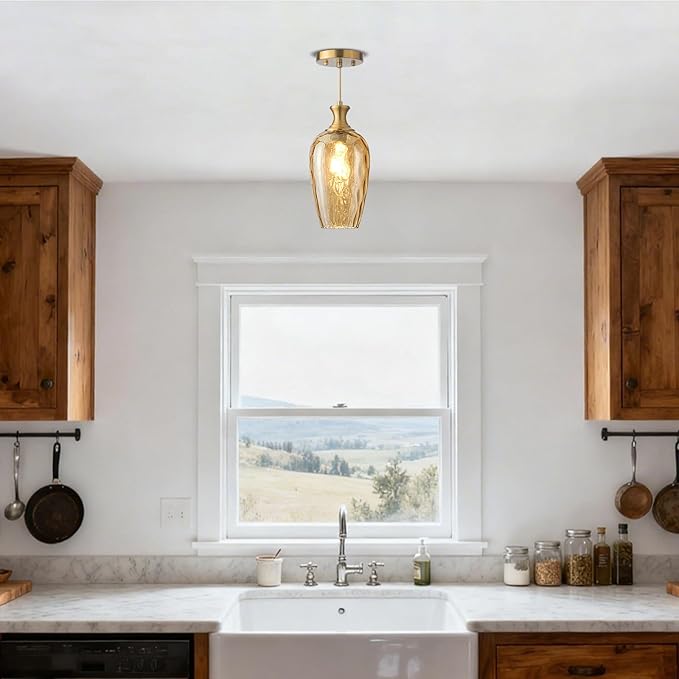 Glass Pendant Lights Kitchen Island 2 Pack, Gold Vintage Pendant Light Fixtures with Hand-Blown Hammered Amber Glass, Farmhouse Modern Brass Hanging Light for Kitchen Sink Dining Room Bedroom