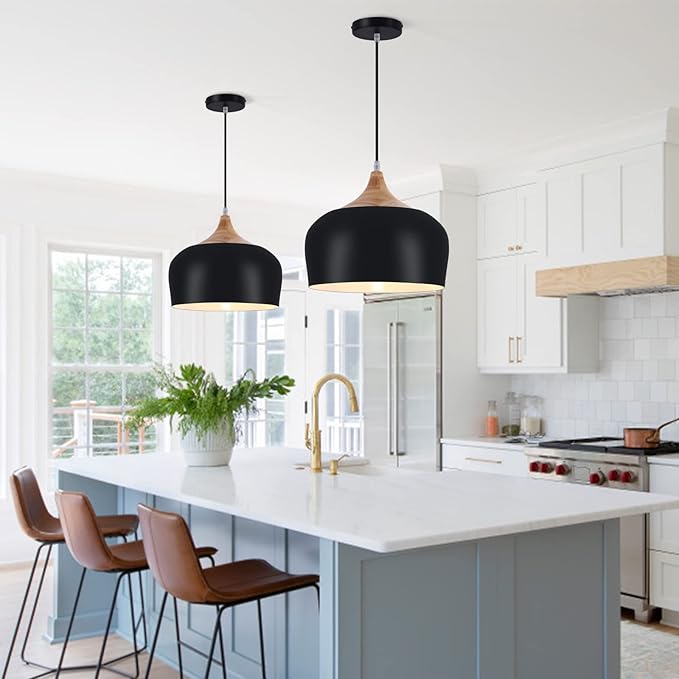 Modern Pendant Lights,Wooden Dome Pendant Light Fixture,Adjustable Hanging Pendant Lighting Chandelier Lamp for Kitchen Island,Dining Room,Hallway,Foyer,Bedroom(Black)