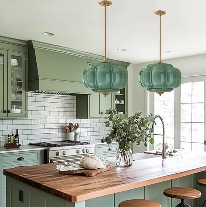 Green Milk Glass Pendant Light Vintage Schoolhouse Light Fixture Easy Change Bulb Chandelier Gold Traditional Semi Flush Mount Ceiling Light for Bedroom Kitchen Dining Room