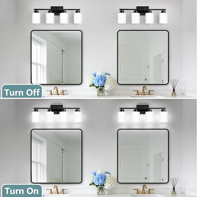 Black Bathroom Light Fixtures, 4-Light Modern Vanity Lights with Milky White Frosted Glass Shades, Wall Sconces for Mirror, Bathroom, Restroom (E26 Socket)