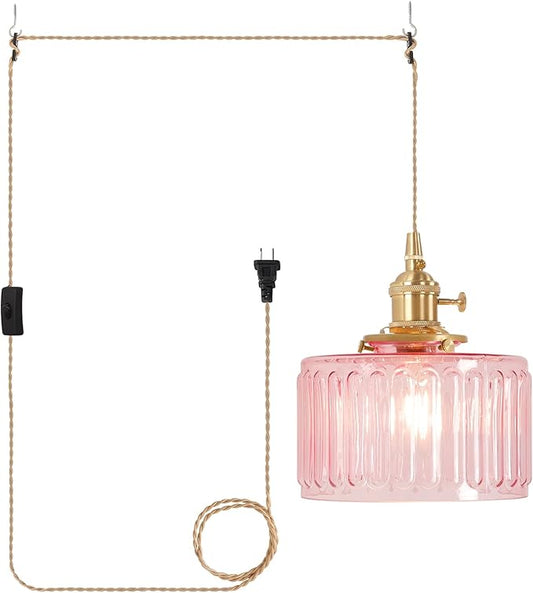 Shenmoyl Plug in Pendant Light Hanging Light Fixtures with Plugin Cord On/Off Switch,Pink Striped Glass Lampshade Brass Pendant Light