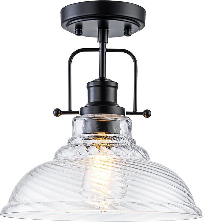 WILON Flush Mount Ceiling Light, Black Farmhouse Ceiling Light with Striped Clear Glass Shade, Light Fixtures for Dining Room Ceiling, Semi Flush Mount Ceiling Lights for Kitchen Entryway