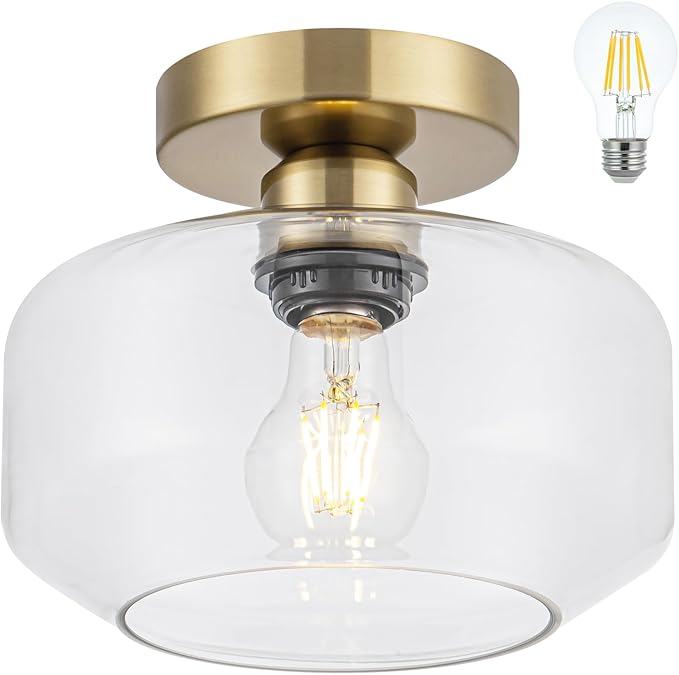 Tbaoinal Semi Flush Mount Ceiling Light Clear Glass Shade Matal Base, Inclede 900 LM LED Bulb, Low-Profile for Kitchen/Hallway/Entryway/Bathroom, Golden