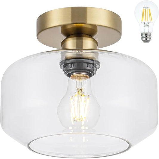 Tbaoinal Semi Flush Mount Ceiling Light Clear Glass Shade Matal Base, Inclede 900 LM LED Bulb, Low-Profile for Kitchen/Hallway/Entryway/Bathroom, Golden