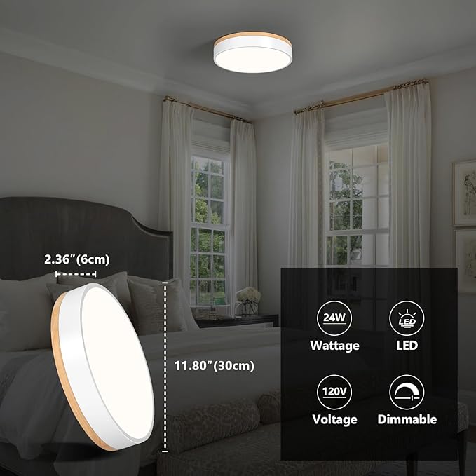 WOKNOS Dimmable Wood Ceiling Light Fixture 2700K-6000K 5CCT Modern White LED Flush Mount Ceiling Light Minimalist Circle Close to Lighting Fixture for Bedroom Kitchen Bathroom Laundry Room 11.81 Inch