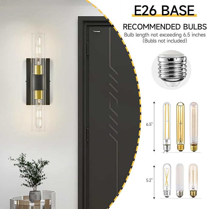 19" Black and Gold Wall Sconce,Modern Bathroom Light Fixtures,2-Light Vanity Lights for Mirror,Indoor Wall Lamp Wall Mount Hardwired Light for Bedroom with Clear Glass,E26 Base,1 Pack