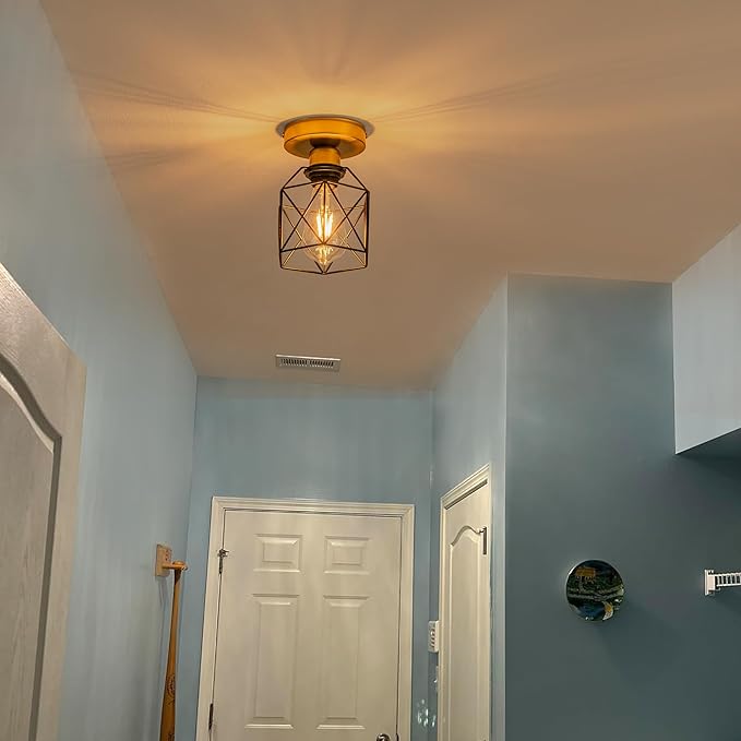 Industrial Ceiling Light, Gold and Black, Metal Cage Shade, Semi-Flush Mount, Geometric Design Caged, Mini