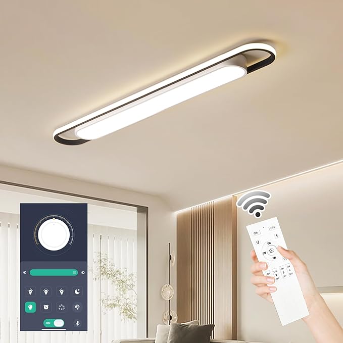4Ft Modern Smart LED Linear Ceiling Lights Dimmable LED Ceiling Lamp with Remote Control,65W Metal/Acrylic Flush Mount Ceiling Lighting Fixtures for Kitchen Living Room Kitchen Dining Room (48")