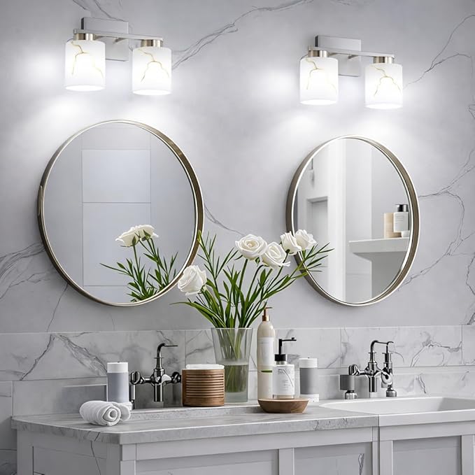Brushed Nickel Bathroom Light Fixtures,Modern 2-Light Bathroom Vanity Light Over Mirror with White Marble Glass Shade,Wall Sconces Lighting for Bedroom Cabinet Kitchen Living Room