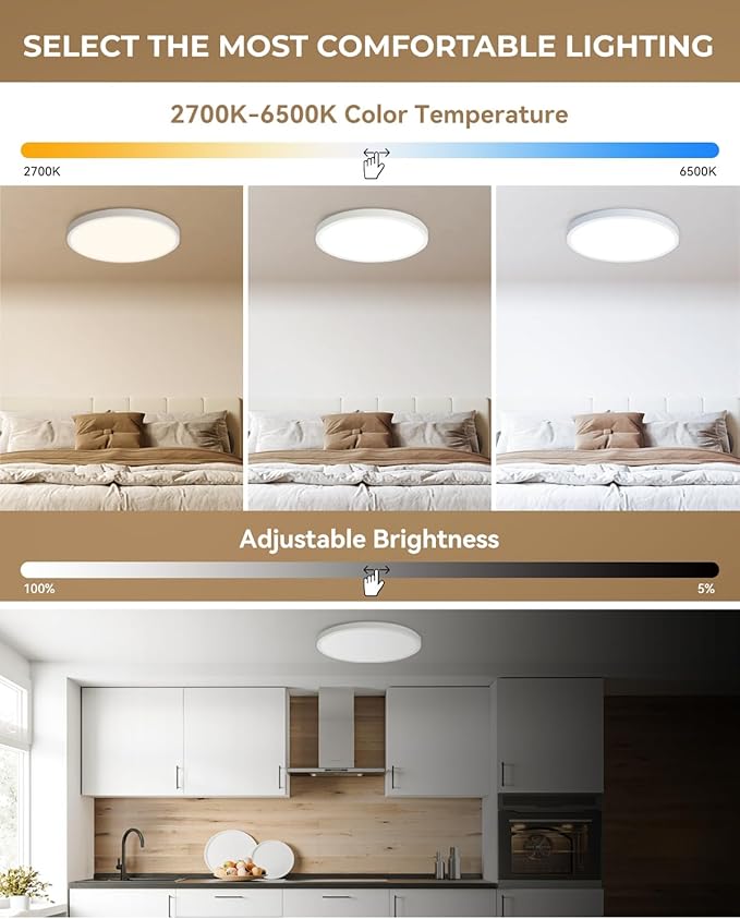 12 Inch Flush Mount Ceiling Light, Smart RGB+IC LED 2400LM Dimmable Ceiling Lamp with APP & Remote Control, 2700K-6500K Color Changeable Light for Bedroom Living Room, Works with Alexa & Google Home