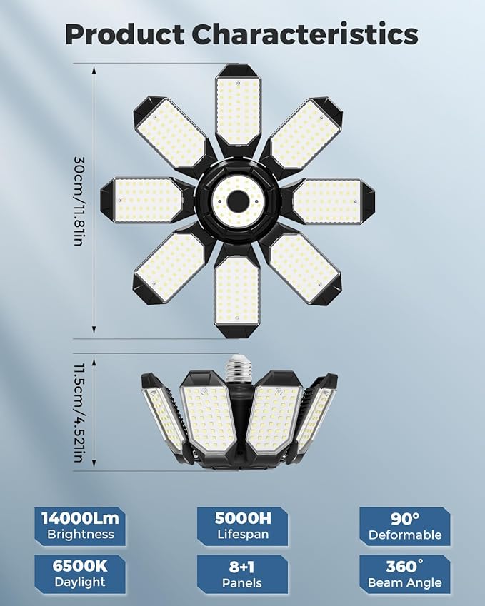 Adiding LED Garage Ceiling Lights 2 Pack w/ 8+1 Adjustable Panel, Super Bright 28000LM Deformable Basement Light Bulb Fixture Screw in E26 Socket Base for Indoor Workshop Attic Gym Bay Laundry Utility