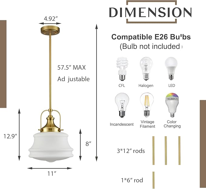 DEYNITE Nautical Gold Pendant Light Fixtures Milk White Glass Schoolhouse Hanging Adjustable Light for Kitchen Bedroom Dining Bathroom