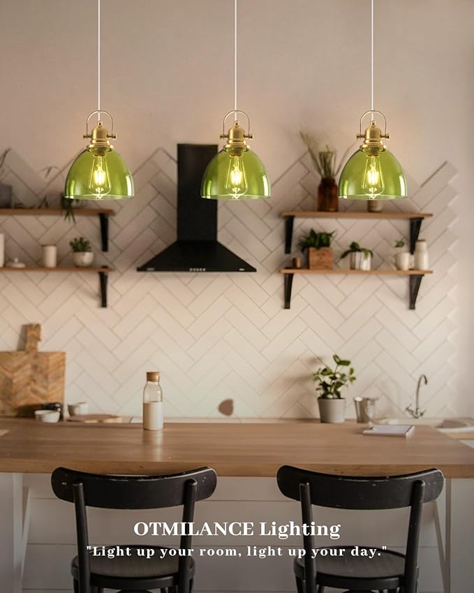 Glass Pendant Lights Kitchen Island, 7.5 inch Green Glass Pendant Lights, Vintage Pendant Lighting 1-Pack,Farmhouse Kitchen Island Lights for Kitchen, Bedroom, Living Room, Bathroom
