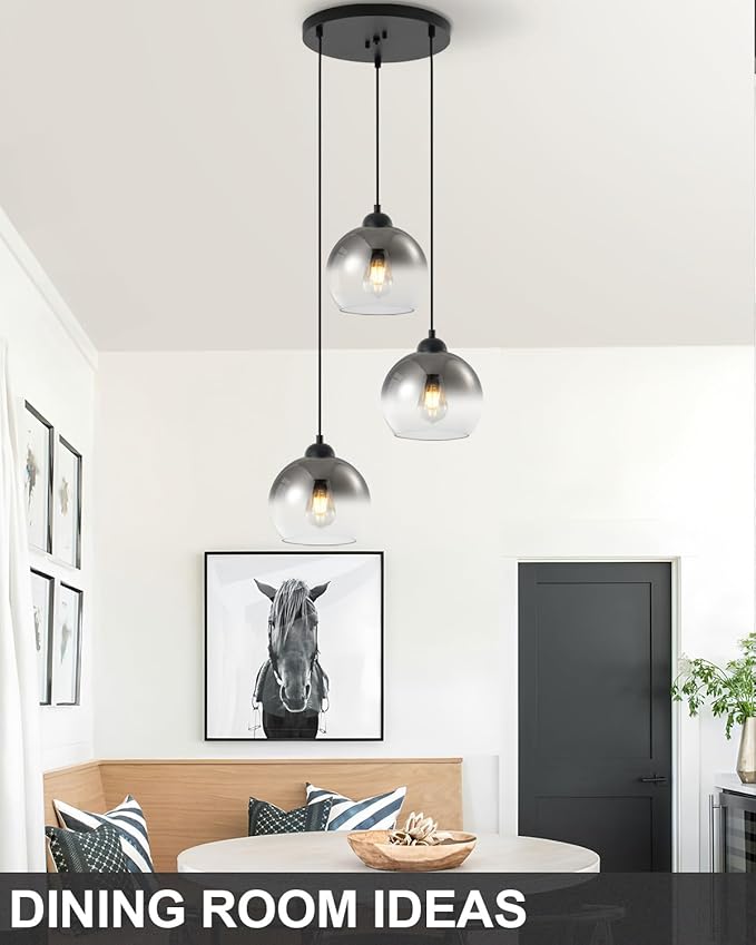Modern Gradient Smoke Gray Glass Pendant Light,3-Light Globe Adjustable Hanging Pendant Light for Bedroom Kitchen Island Dining Room Stairwell