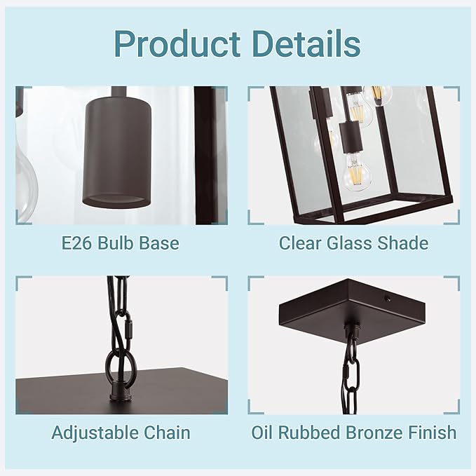 LOUSACE 16'' Outdoor Pendant Light Oil Rubbed Bronze 4-Light Large Outside Pendant Porch Lights Ceiling Haninging Outdoor Chandelier with Clear Glass Exterior Lighting Fixtures for Front Door Entryway