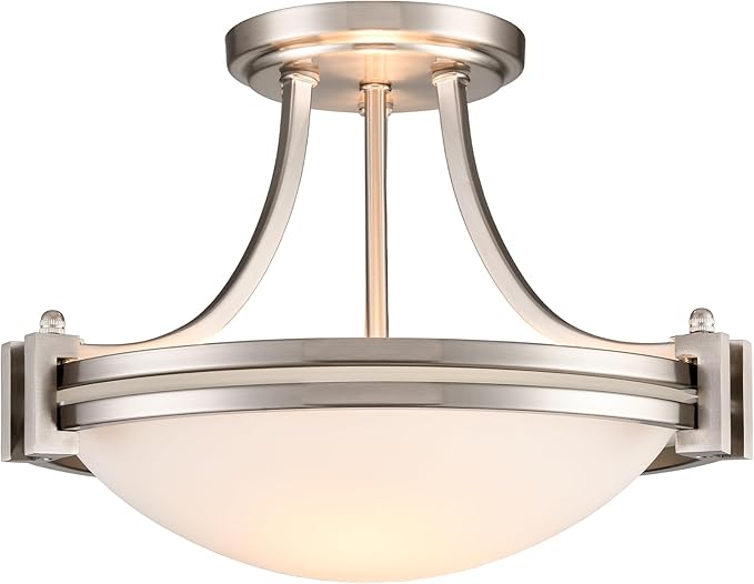Brushed Nickel Semi Flush Mount Ceiling Light 12-Inch 2-Light Modern Milk Glass Light Fixture Flush Mount for Bedroom Hallway Staircase