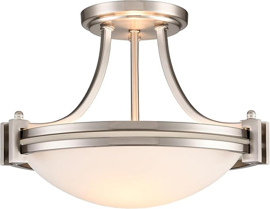 Brushed Nickel Semi Flush Mount Ceiling Light 12-Inch 2-Light Modern Milk Glass Light Fixture Flush Mount for Bedroom Hallway Staircase