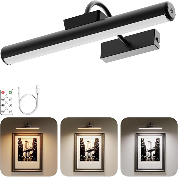 Skairipa Picture Light, Wireless Picture Light with Remote, Battery Operated 5000mAh, 3 Color Modes and Dimmable LED Lights with Timer for Paintings, Gallery, Wall, Dartboard, Bedroom (Black-1Pack)